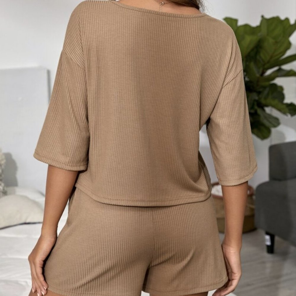 Solid Ribbed Drawstring Waist P J Set - Picture 2 of 2